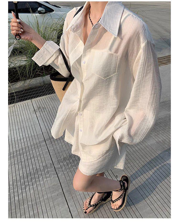 Women's Loose Casual Sports Set: Thin Sun Protection Long Sleeve Shirt & Wide Leg Shorts - New Korean Summer Style