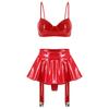 S-4XL Wet Look PU Leather Bra Top and Skirt Set No Underwire No Padding Integrated Thong Layered Hem Mini with Garter Clips for Night Party