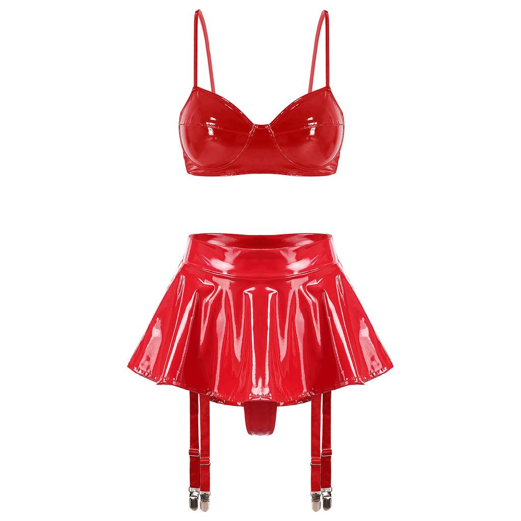 S-4XL Wet Look PU Leather Bra Top and Skirt Set No Underwire No Padding Integrated Thong Layered Hem Mini with Garter Clips for Night Party