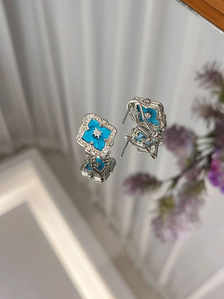 Italienisches Gebürstetes Wasserwellen Blaues Halsketten Armband Set Vielseitige Retro Hof Vierblättriges Kleeblatt Ohrringe