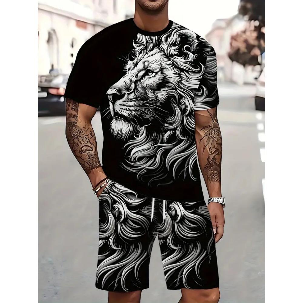 Lion Graphic Print T-shirt Shorts 2-piece Set Men's Short Sleeve Drawstring Waist Shorts Set Breathable Men's T Shirts Clothing