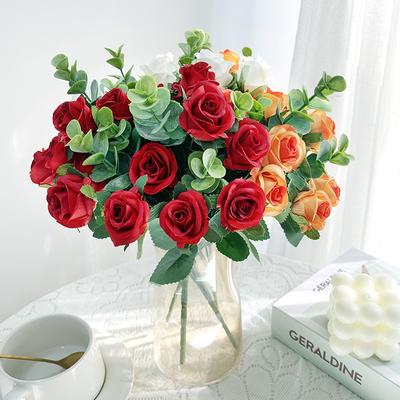 Künstliche Mini-Rose, Eukalyptusblätter, künstliche Blumensträuße, Seidenblumen für Hochzeit, Party, Zuhause, Zimmerdekoration, Blume