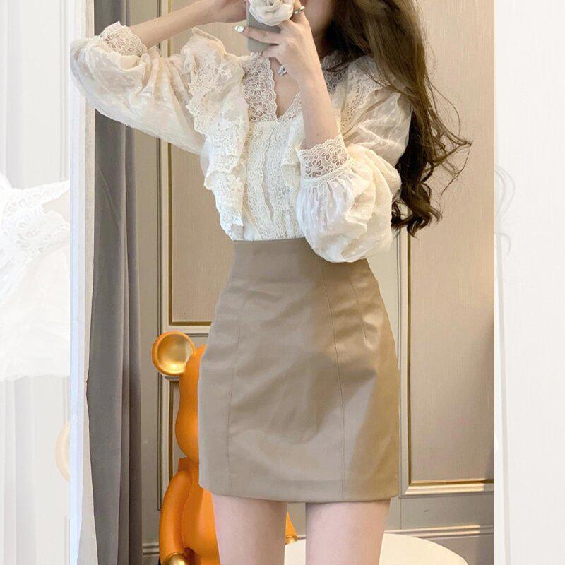 Women's Lace Ruffle Puff Sleeve Shirt - Chic Korean Style Exquisite Spring & Autumn Top