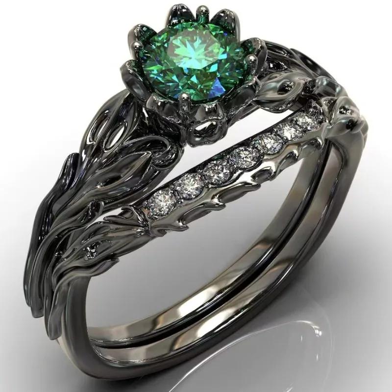 European and American Fashion New Women s Ring Electroplating Gun Black Inlaid Emerald Ring 5&Black Gun Plated зелёный