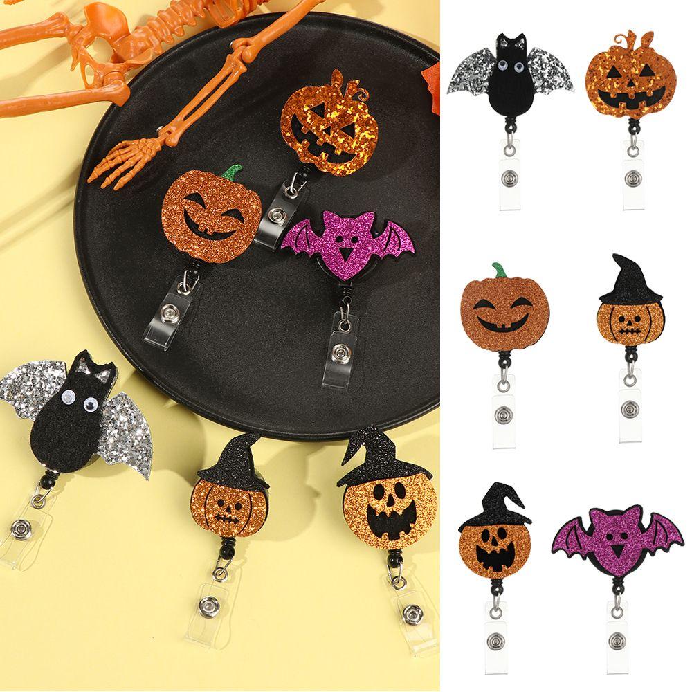 

Cute Shape Halloween Students Pumpkin Easy Pull Button Badge Buckle Stretch Card Holder