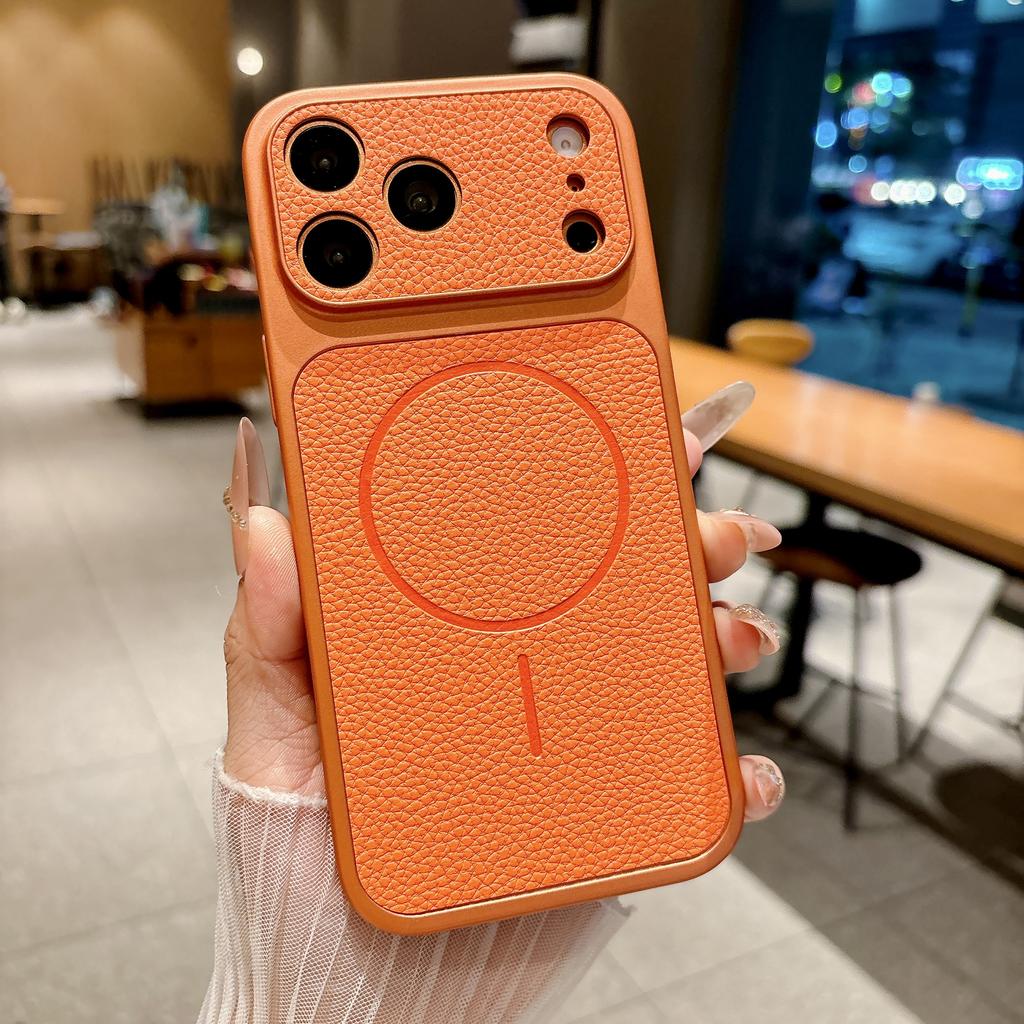 ForMagsafe Litchi Texture Leather Magnetic Case For iPhone 17 Air 16 15 14 13 Pro Max Frosted Large Window Shockproof Cover