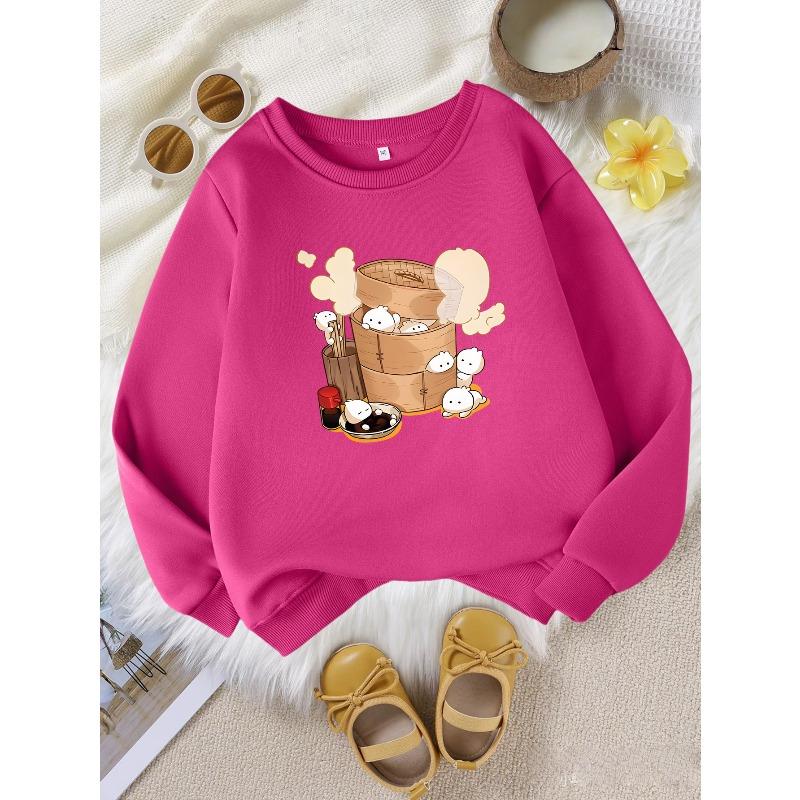 Fashion Girls' Round Neck Sweatshirt, Cute Steamed Bun Character Print Top, Playful Baozi Pattern Top, Steamed Bun In Steamer Character Print