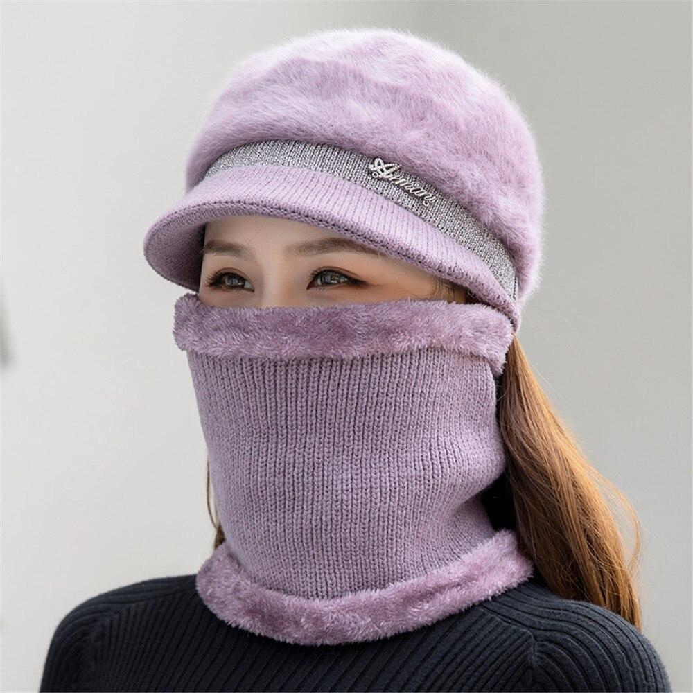 

Новая женская зимняя шапка, сохраняющая тепло, модная шапка и шарф, комплект, теплые шапки для женщин, повседневная вязаная шапка из меха кролика, зимняя вязаная шапка 55cm-58cm светло-фиолетовый