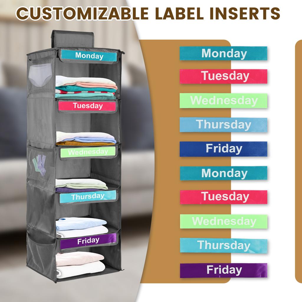 5-Shelf Weekly Clothes Organizer Kids Daily Shelf Hanging Closet Organizer Days of The Week Hanging Storage Shelves for Kids