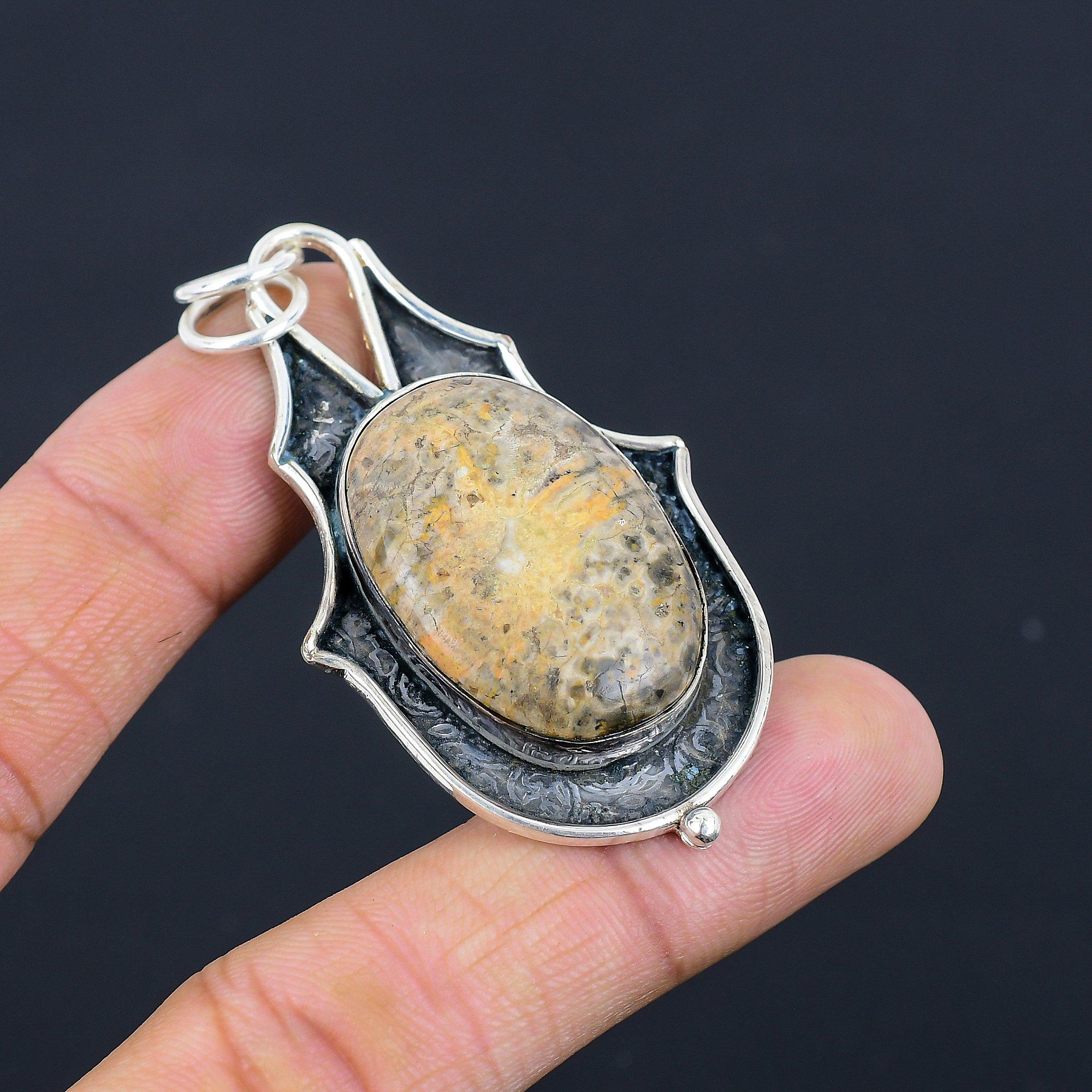 

925 Sterling Silver Oval Natural Ocean Jasper Mother Wedding Birthday Pendant