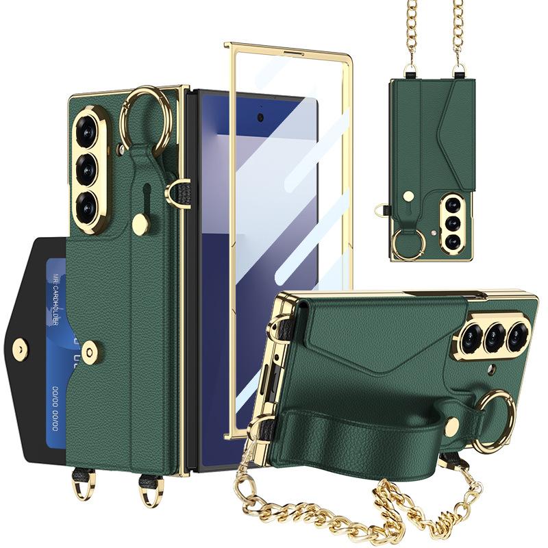 Pouzdro na mobilní telefon Samsung ZFold7 Fold6 Galvanizovaný řetízek Šňůrka Kožené pouzdro Náramek Skořepina Fólie Kapsa na karty
