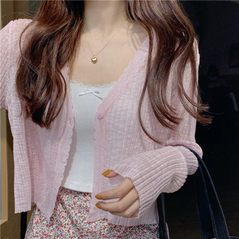 Summer Women Thin V-Neck Knitted Cardigan Single-breasted Ice Silk Air-conditioning Shirt Outside Sunscreen Top