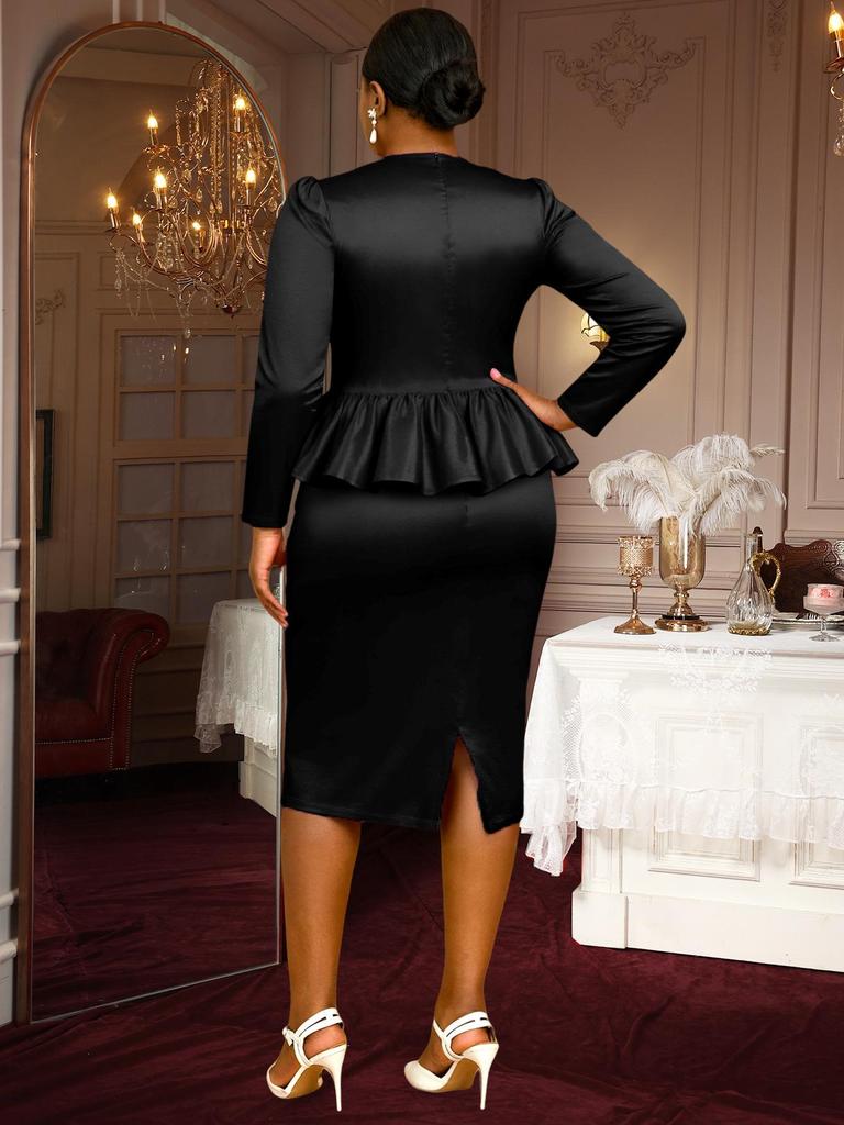 Plus Size Black Rhinestone Square Neck Ruffled Bodycon Evening Dress for Women