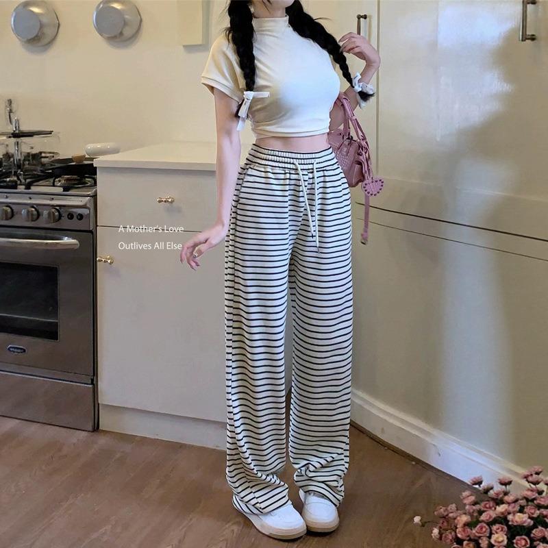 Black and White Striped Drape Casual Pants Women's Autumn Straight Trousers Lazy Wind Elastic Waist Loose Wide Leg Towel Pants