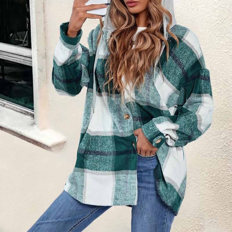 Damen Karo Kapuzenhemdjacke