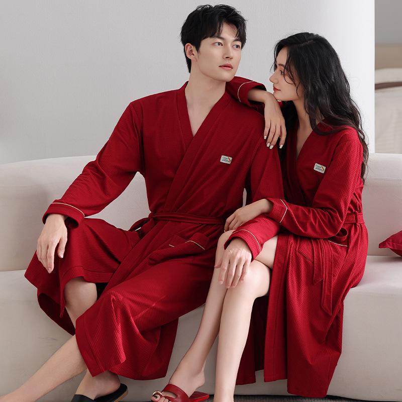 Couple Nightgown Women'S Spring And Autumn Pure Cotton Long-Sleeved Jujube Red Bathrobe Medium And Long Men'S Large Size Loungewear