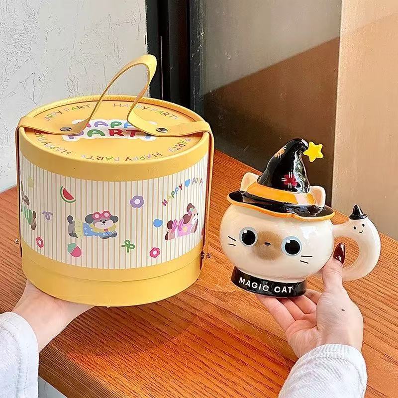 Creative Halloween gift magic hat cat ceramic mug with lid for girls practical mug souvenir gift box