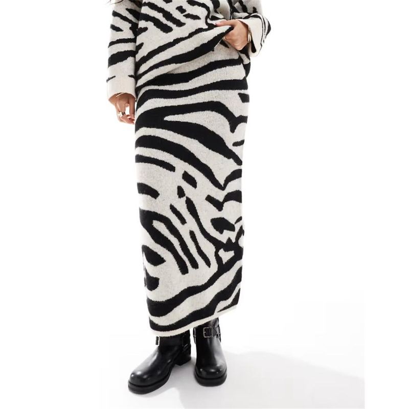 

British Original Foreign Trade Animal Pattern Knitted Wool Thick Women Spring and Autumn Half-Length Long dress One-Step Skirt Elastic Black S