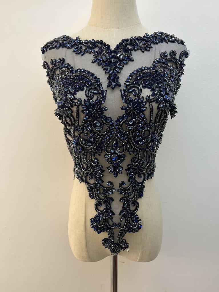 Rhinestone Tassel Dark Purple Beaded Lace Fabric with Motif Rhinestones Flower Shape Embroidery Trim for Wedding Dress