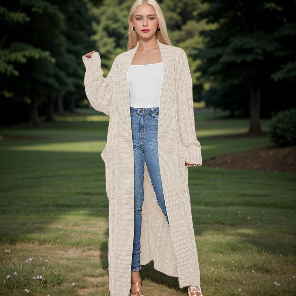 Open Knitted Cardigan Women Long Jacket Autumn Green Crochet Loose Long Sleeve Winter Sweater Warm Jumper Coat