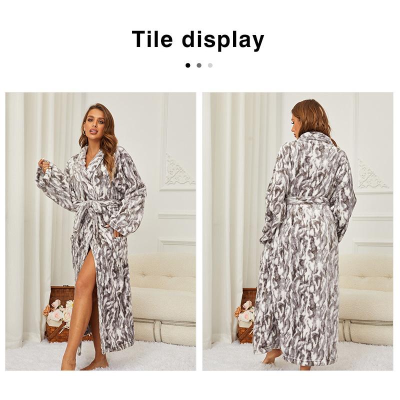 Autumn Winter Lapel Extended Printed Bathrobe Pajamas Nightgown Casual Flannel Nightgown Womens Wear Clothing