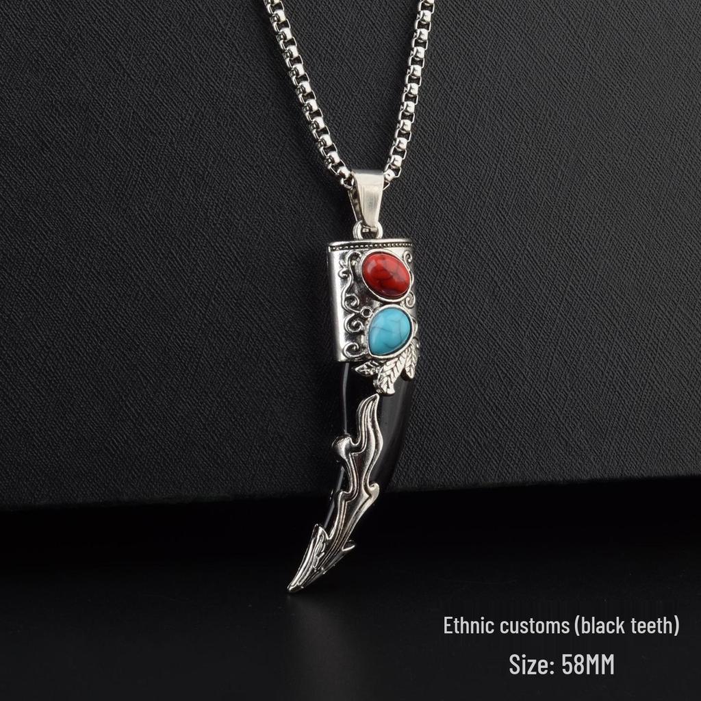 Men's Tibetan Faux Wolf Tooth Pendant Necklace, Titanium Steel Chain, Nepalese Style