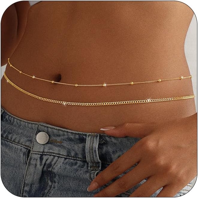 14K Gold Plated Waist Chain for Women - Gold Belly Body Chain Layered Waist Beads Chain Belt Beach Summer Jewelry Accessories for Women