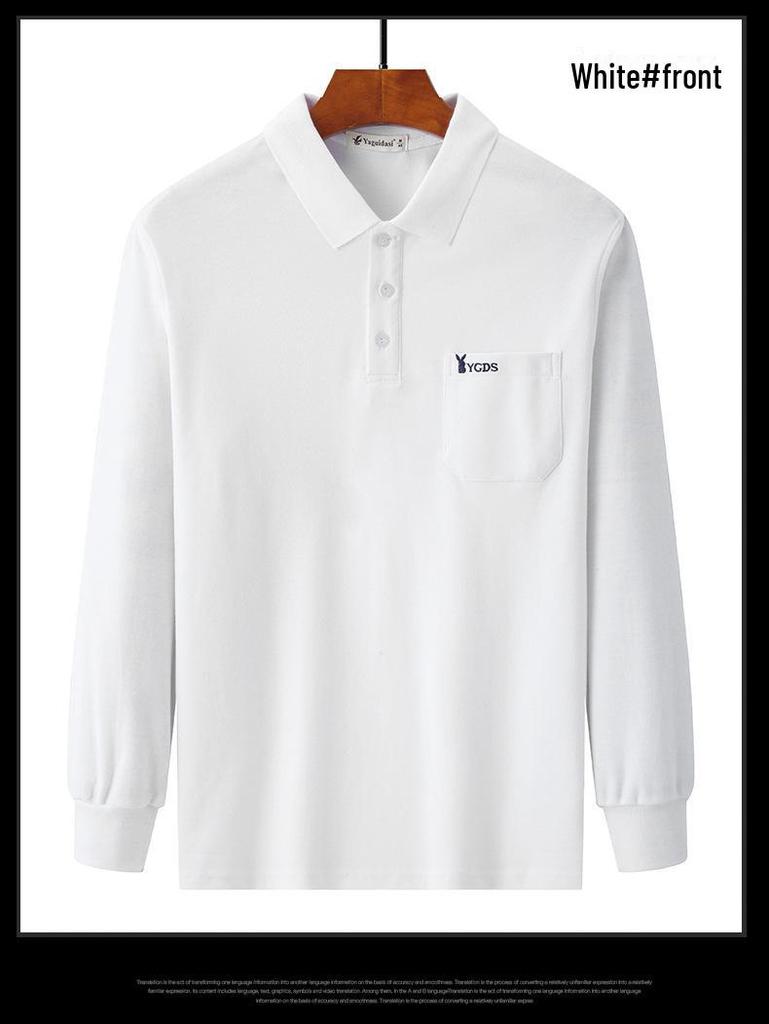 Men's Thick Cotton Long-Sleeve Dad T-Shirt for Spring/Autumn - Loose Fit, Solid Color, Lapel, Real Pocket, Casual Wear for Middle-Aged Men.