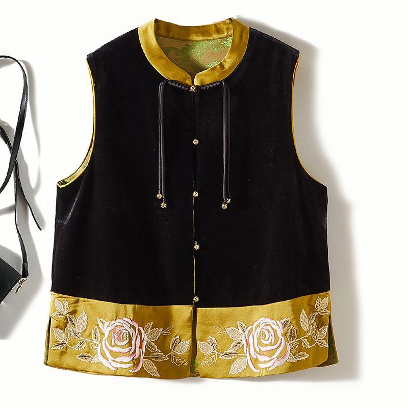 

Chinese Style Stylish Quality Vest! Women s Small Stand Collar Stitching Gold Velvet Black Tassel Buckle Vest Spring and Autumn Coat Black L