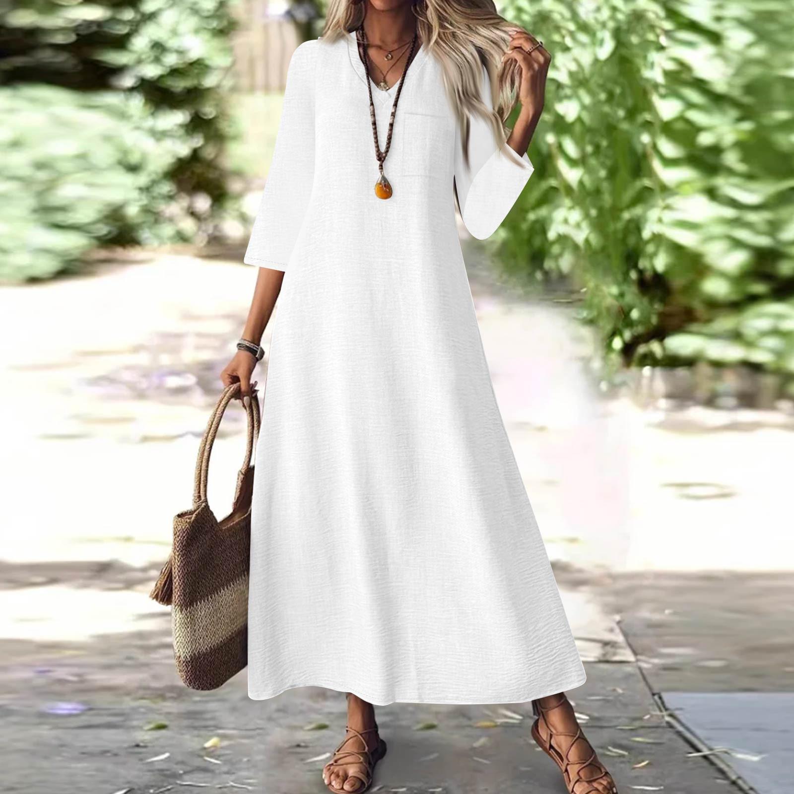 

Женская мода V-образный вырез рукав семь карман однотонный молния повседневный отпуск длинные хлопково-льняные платья белый