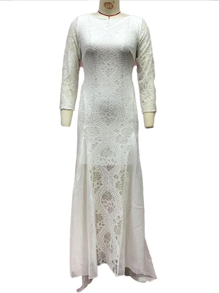 2025 Spring European & American Women's Celebrity Banquet Wedding Dress - Round Neck, Long Sleeve, Printed, Backless Lace