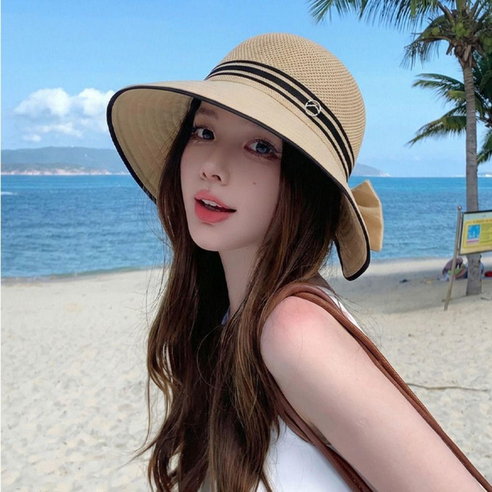 Large Bow Bow Fisherman Hat Wide Brim Straw Hat Fashion Sunscreen Bucket Hat  Outdoor