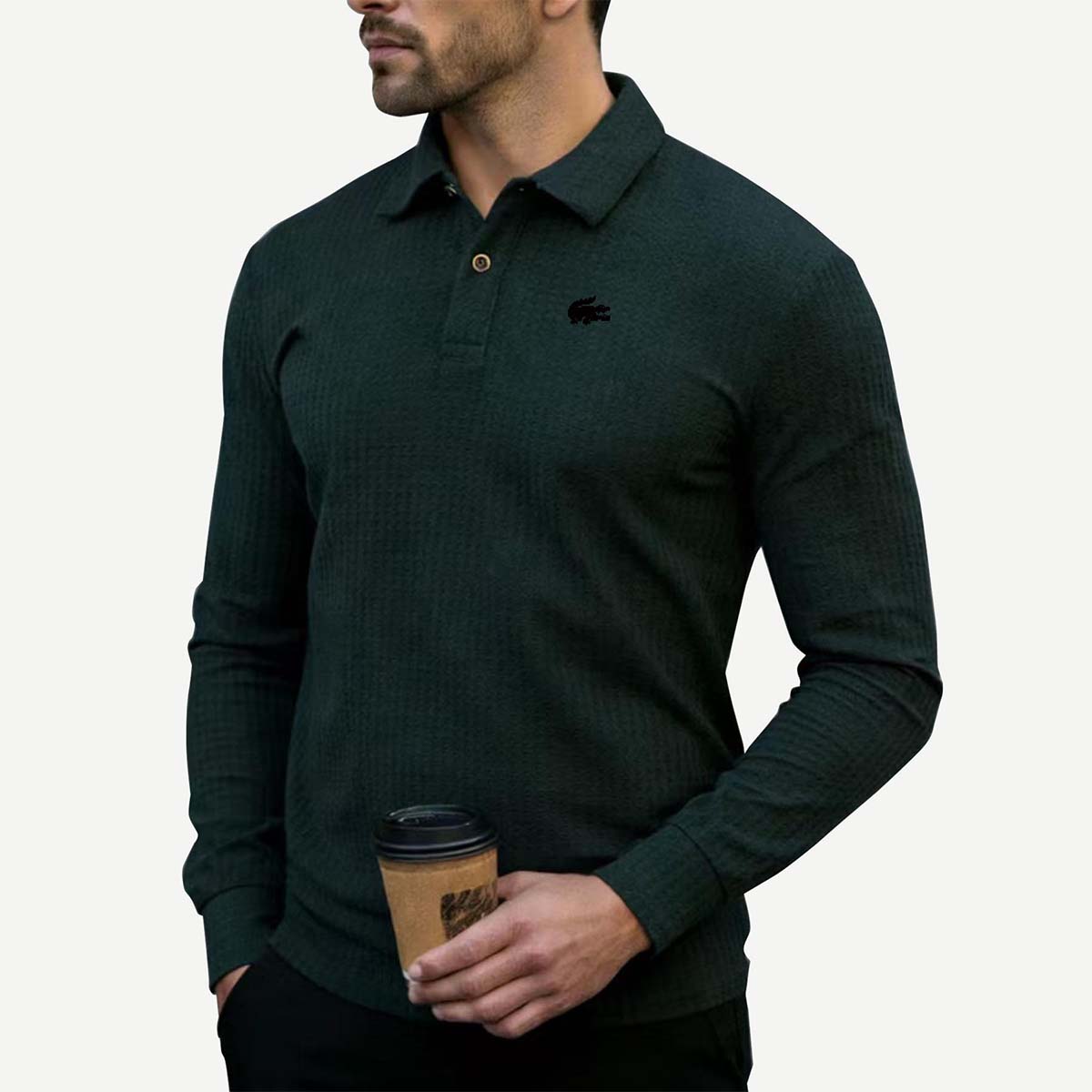 Trends Clothing Heren Wafel Gebreide Krokodil Logo Lange Mouwen Polo L