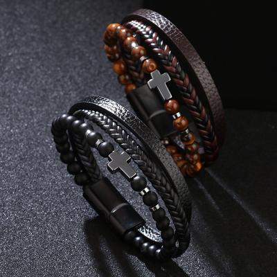 Cross Multi Layer Black Gallstone Bracelet Personalized Fashion New Style Woven PU Leather Tiger Eye Stone Matte Stone Bracelet