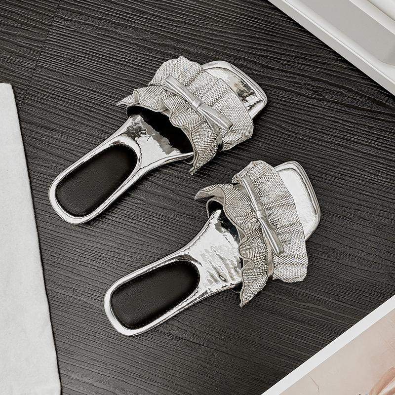 Fashion Flats Women Slippers Bow Crystal Sandals Pleated Beach Shoes Woman Summer 2025 New Open Toe Slingback Flip Flops Slides De Mujer