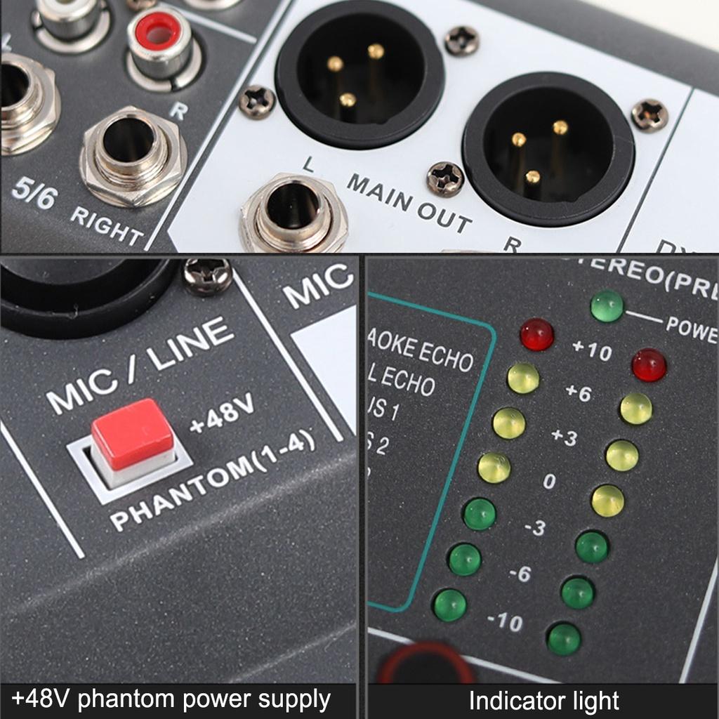 15W Professional Mixer Sound Mixing Console Computer Stage Recording USB Sound Card High Low Tone Bluetooth DJ Live Broadcast 6-channel