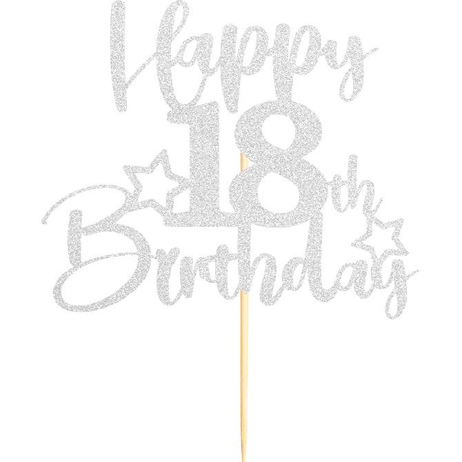 Sotpot 1 Pack 18th Birthday Cake Topper Double-sided Silver Glitter Cake Topper with Star Pattern Cake Decoration for Happy 18th Birthday Party Cake