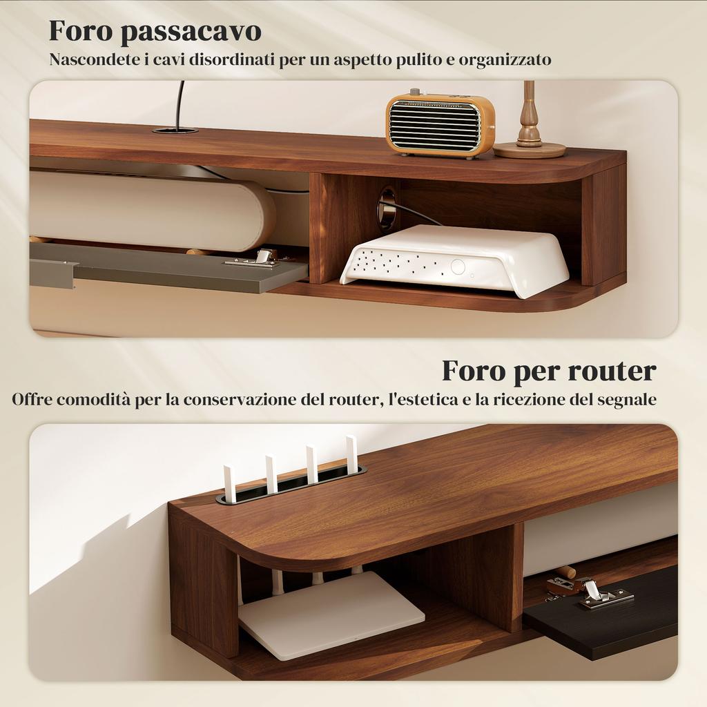 TV Cabinet Up To 50" Wall-Mounted with Drawer, 2 Open Shelves and Cable Hole, 120x24x16 Cm, Walnut
