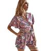 Women's V-Neck Floral Short-Sleeve Shorts Two-Piece Set
