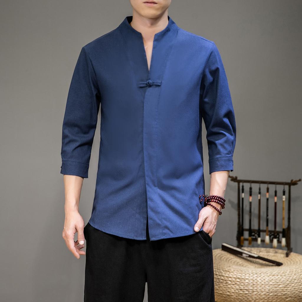 Mens Fashion V-Neck Shirt 2025 Men Harajuku Soild Color Shirts Male Casual Loose Retro Shirt Chinese Style Kimono Shirt