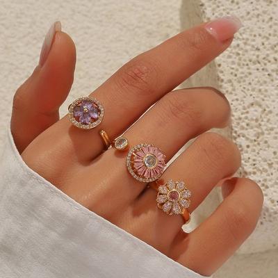 Female Ring Zircon Ring Rotating Design Floral Synthetic Ring Rotating Ring  Anti Anxiety