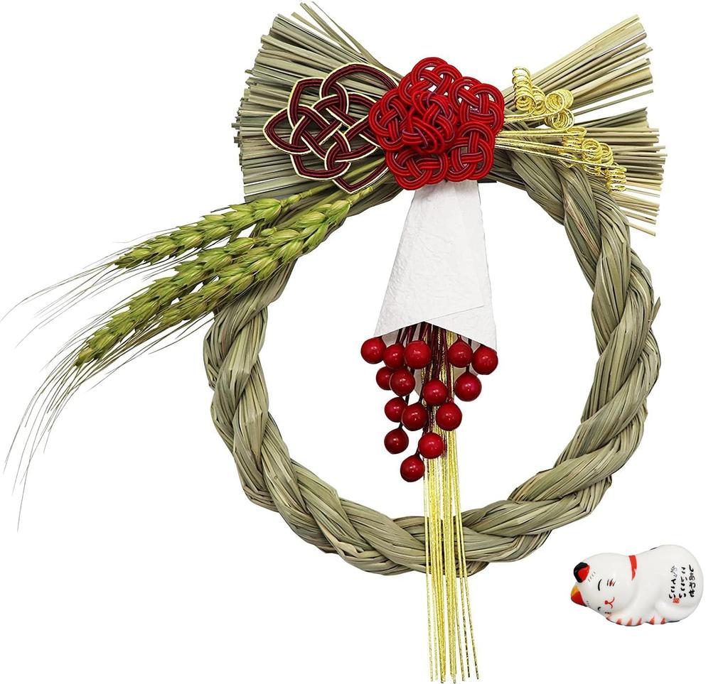 Osaka Choseido New Shimenawa Stylish Entrance Wreath with Approximately 19cm Red Dried Flower Beckoning Cat Chopstick Rest Included Year's Decoration,
