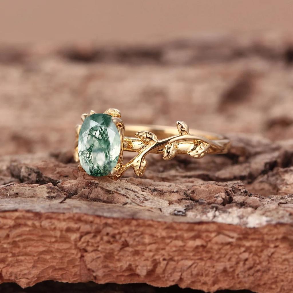 Real 925 Silver Cocktail Oval Shaped Moss Agate Rings Leaf Branch Ring For Woman Wedding Gifts High Quantity Jewelry