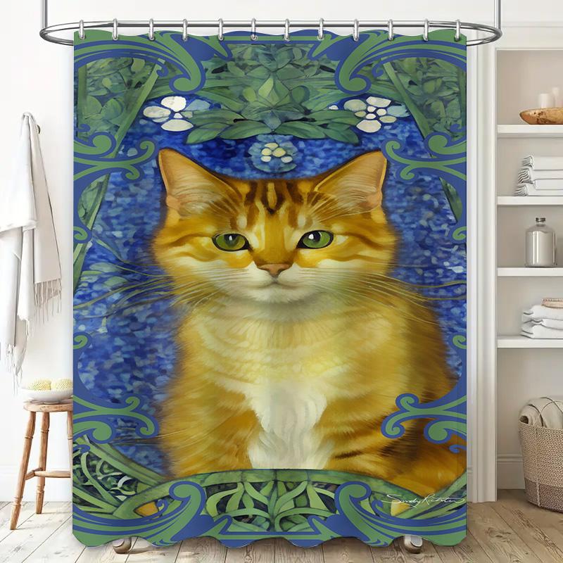 Luxury Print Shower Curtain Blue Floral Design with Cat Portrait for Bathroom Decor Modern Home Decoration Waterproof Fabric Sha