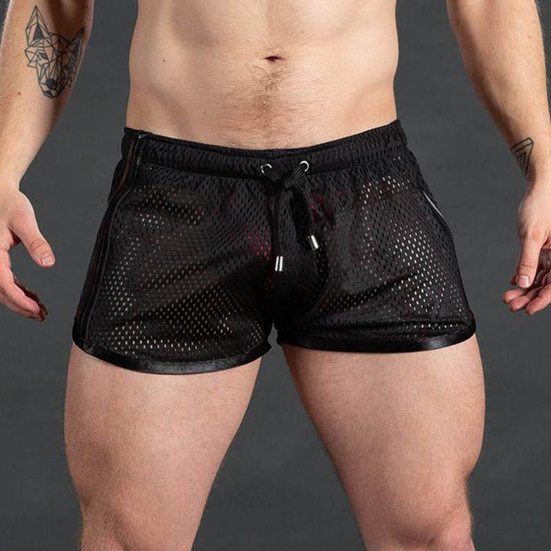 Summer Men Sport Shorts Color Matching Hollow Mesh Loose Drawstring Elastic Waist Quick Dry Jogging Gym Vacation Beach Shorts