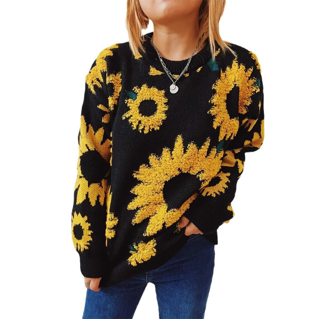 Autumn and winter new top sunflower jacquard round neck long sleeved knitted pullover sweater for women 3589
