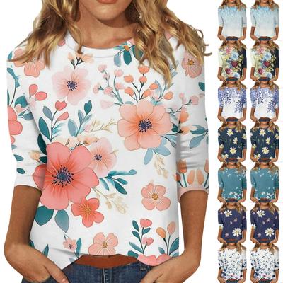 Women's Fashion Casual Round Neck 3/4 Sleeve Loose  Printed T-Shirt Ladies Top