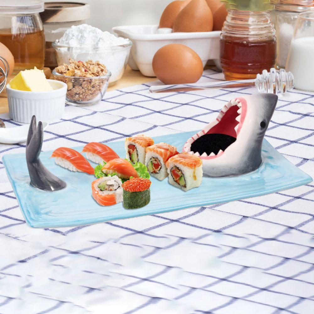 3D Shark Ceramic Plate Japanese Style Independent Sauce Area Dumpling Plate Ceramic Large Capacity Sushi Serving Plate Fries