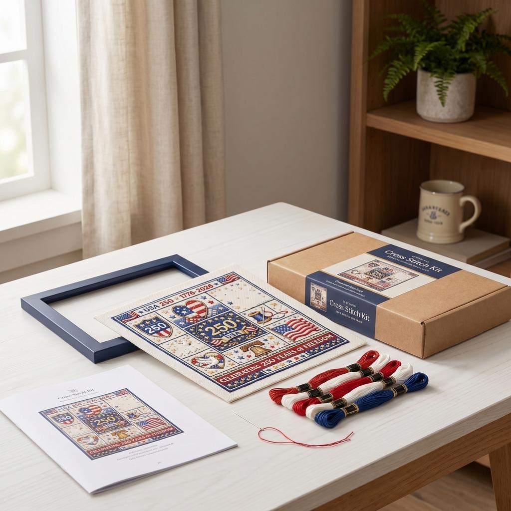 USA 0th Anniversary Cross Kit, 1776-2026 Patriotic Stamped Embroidery Kit For Beginners, DIY Needlepoint Set With Flag Bell Patterns, Threads