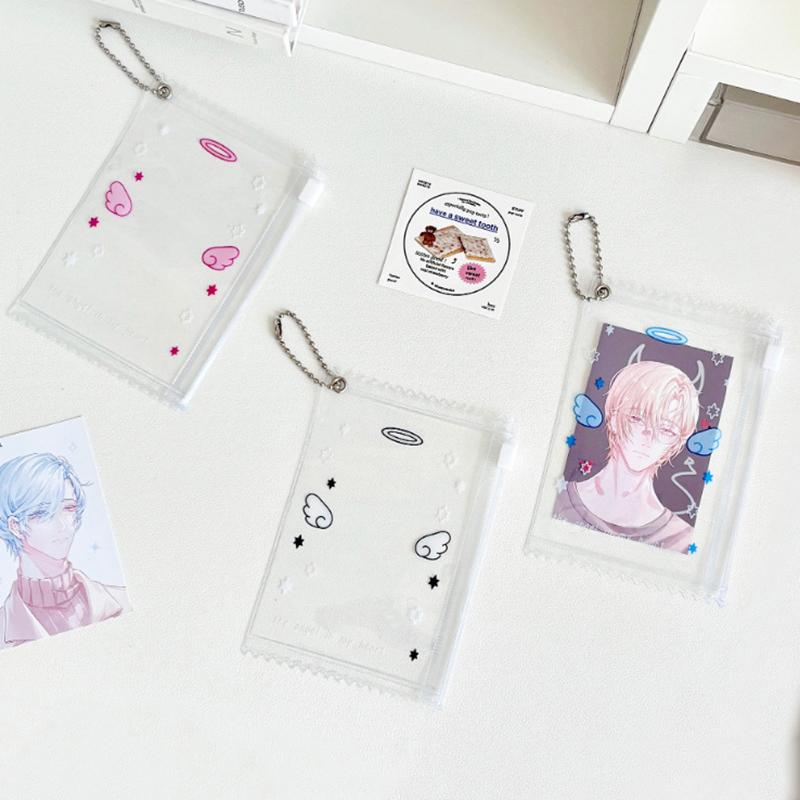 Transparent Photocard Holder Keychain Kawaii Angel Wings Photo Zipper Card Sleeves Portable Card Display Protector Pendant